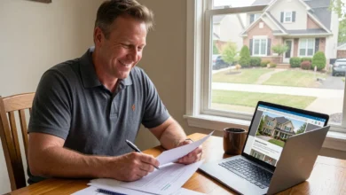 Homeowner reviewing home value data on a laptop before listing house for sale
