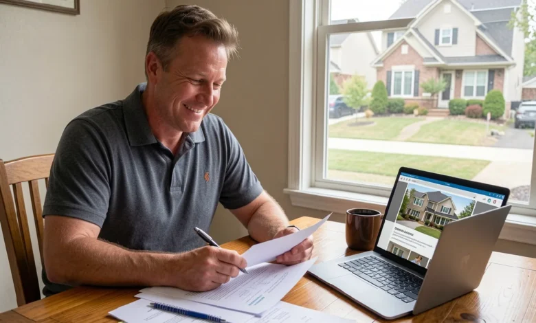 Homeowner reviewing home value data on a laptop before listing house for sale