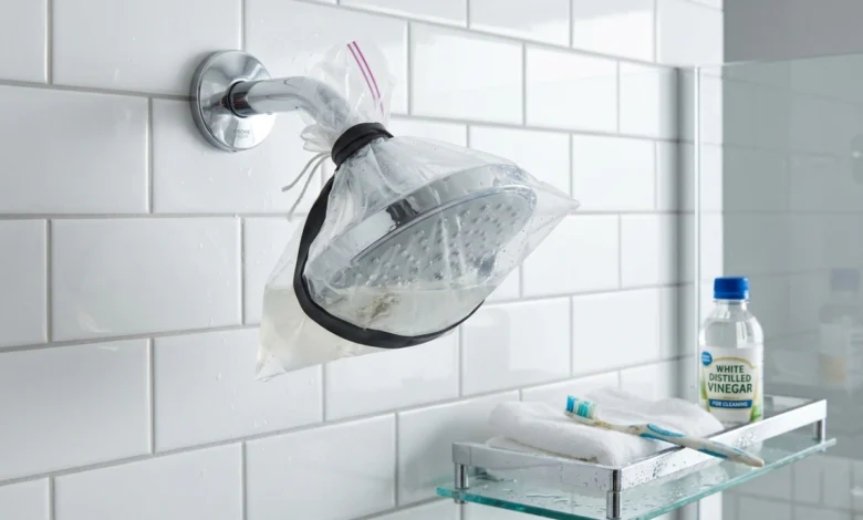 Person cleaning a shower head with a plastic bag filled with white vinegar to remove limescale and mineral deposits