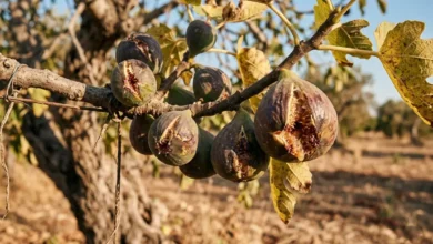Damaged and overripe figs hanging on a branch in an Apulian orchard affected by Italian fig crop loss