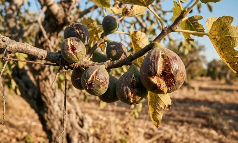 Damaged and overripe figs hanging on a branch in an Apulian orchard affected by Italian fig crop loss