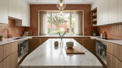Modern kitchen design with flat-panel cabinets, stone countertops, and warm pendant lighting