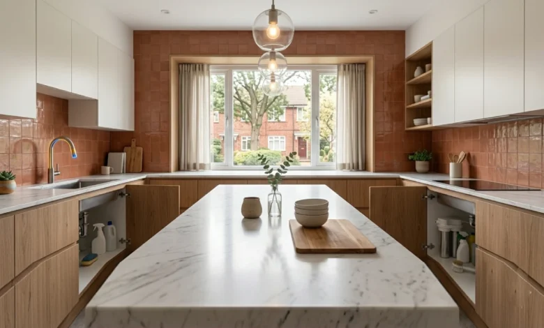 Modern kitchen design with flat-panel cabinets, stone countertops, and warm pendant lighting