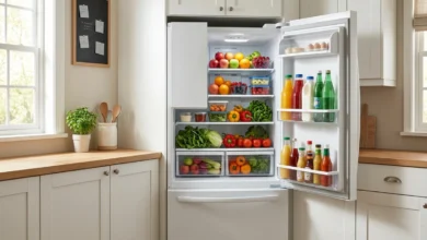 Kolna corner fridge installed in a modern kitchen with open shelves full of groceries