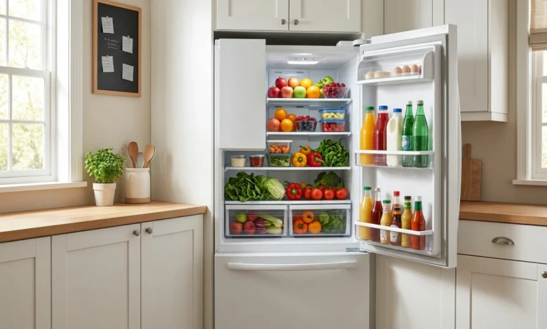 Kolna corner fridge installed in a modern kitchen with open shelves full of groceries