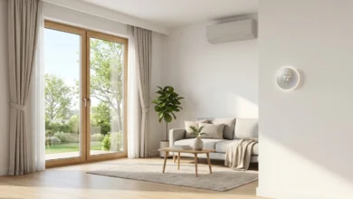 smart thermostat and energy efficient heating system inside a modern home