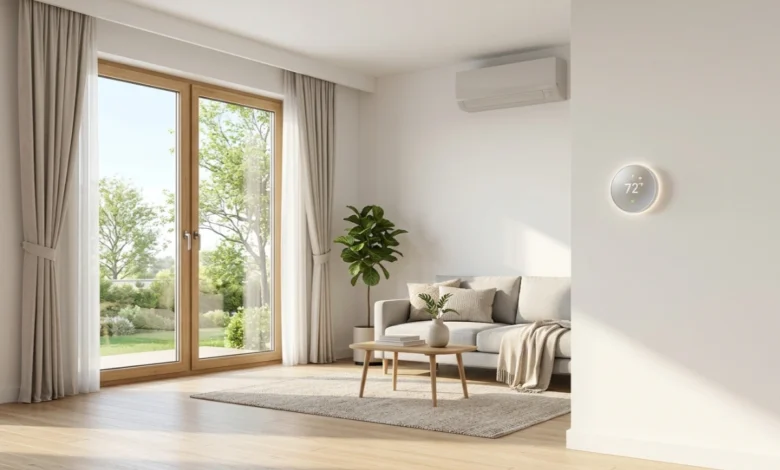 smart thermostat and energy efficient heating system inside a modern home