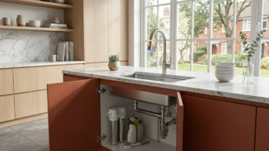 Modern kitchen sink with a sleek touchless faucet and updated plumbing fixtures