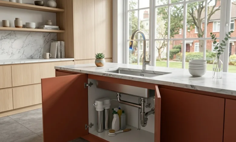 Modern kitchen sink with a sleek touchless faucet and updated plumbing fixtures