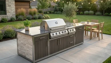 Outdoor Kitchen DIY with built-in gas grill and granite countertop on a backyard concrete patio
