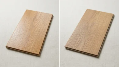 Side-by-side comparison of Pergo laminate flooring and vinyl plank flooring samples on a neutral background