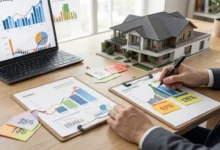 A real estate agent reviewing property sale potential using pricing charts and market data