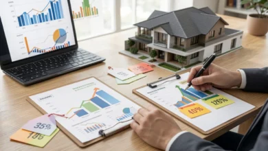 A real estate agent reviewing property sale potential using pricing charts and market data