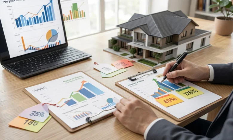 A real estate agent reviewing property sale potential using pricing charts and market data
