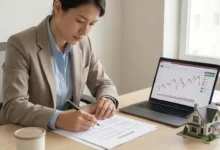 Professional reviewing real estate investment documents and market trends on a laptop