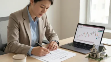 Professional reviewing real estate investment documents and market trends on a laptop