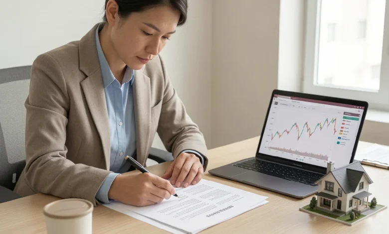 Professional reviewing real estate investment documents and market trends on a laptop