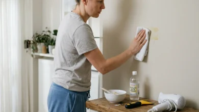 Person using a damp cloth to remove glue from walls with household cleaning supplies nearby