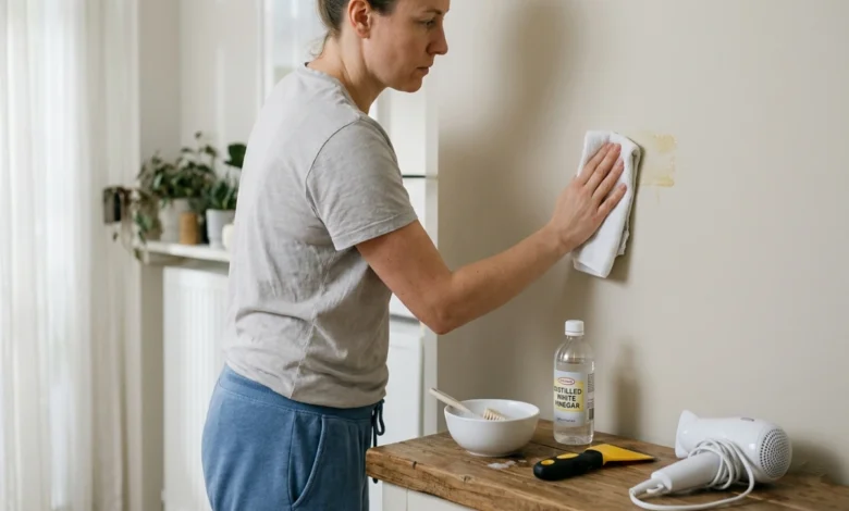 Person using a damp cloth to remove glue from walls with household cleaning supplies nearby