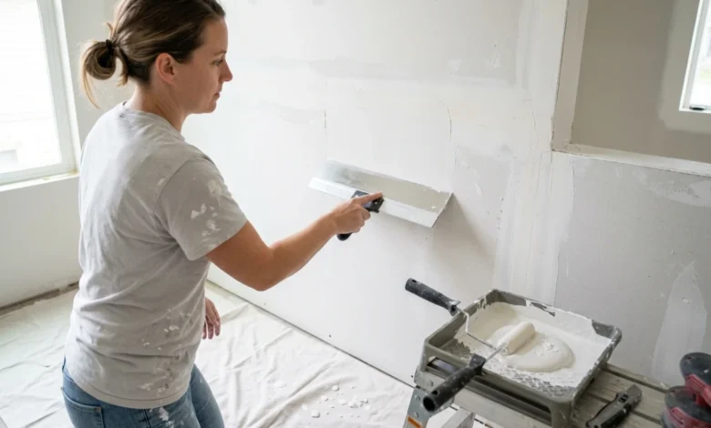 How to Skim Coat a Wall: A Complete Step-by-Step Guide - Home Improvement | HomeImprovementGeek Person using a taping knife to skim coat a wall with white joint compound