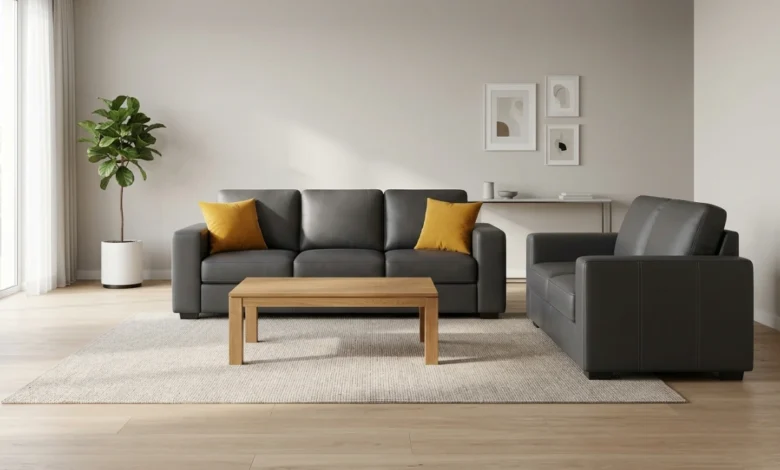 Charcoal leatherette sofa set in a modern living room with wooden coffee table and throw cushions