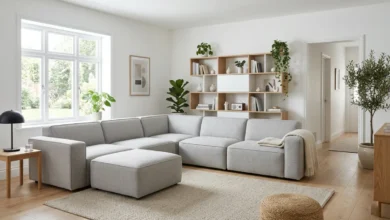 A modular furniture living room with a gray L-shaped modular sofa and white wall shelving unit