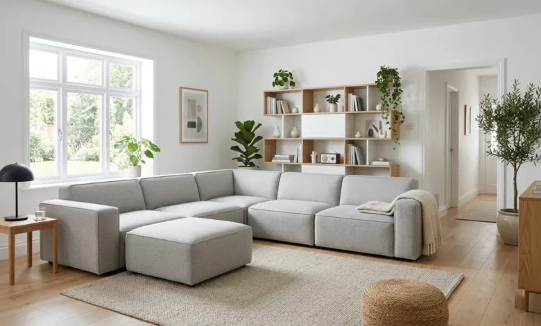 A modular furniture living room with a gray L-shaped modular sofa and white wall shelving unit