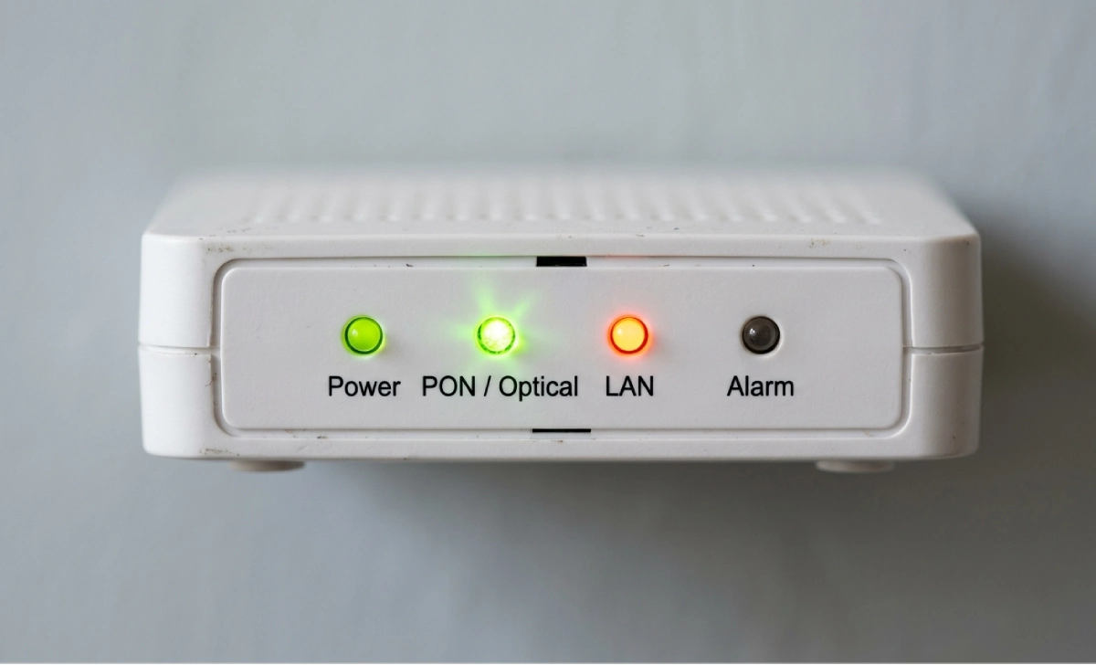 Close-up of Adtran ONT LED lights labeled Power, PON, LAN, and Alarm with different indicator states