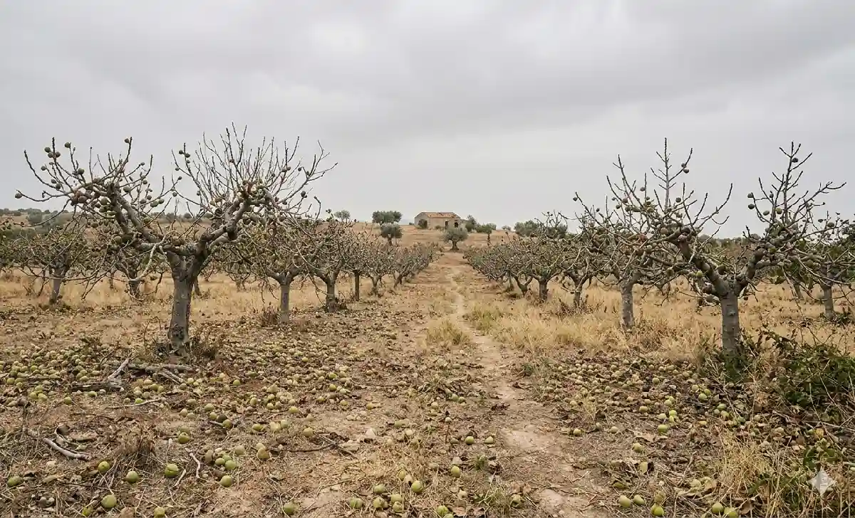 Fallen unripe figs on the ground beneath fig trees in a southern Italian orchard following frost and heatwave damage