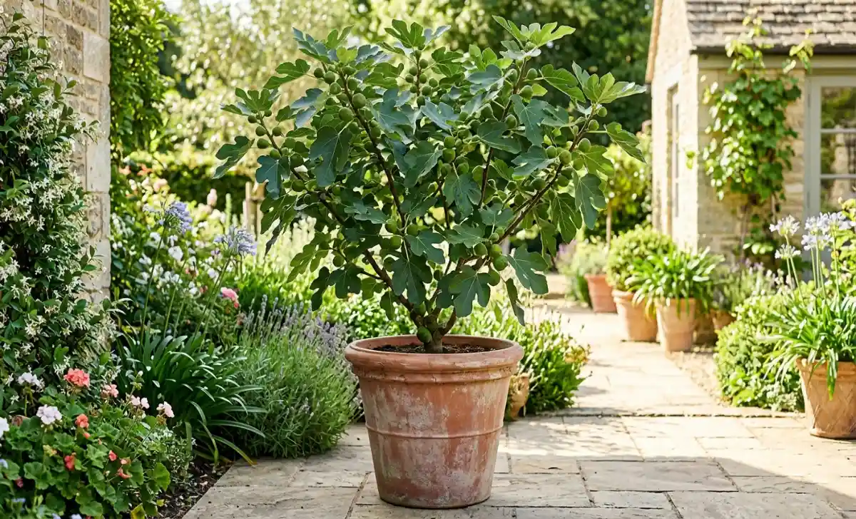A healthy fig tree growing in a terracotta pot on a home garden patio with green leaves and developing fruit