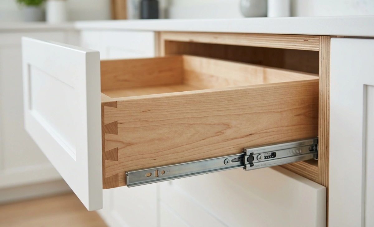 Cubitac vs Fabuwood: Which Kitchen Cabinets Are Worth Your Money? - Kitchen | HomeImprovementGeek Close-up of a kitchen cabinet dovetail drawer box with Blum soft-close hardware