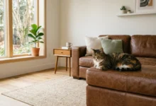 A calm cat sitting on a brown leather sofa in a bright modern living room