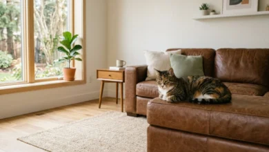 A calm cat sitting on a brown leather sofa in a bright modern living room