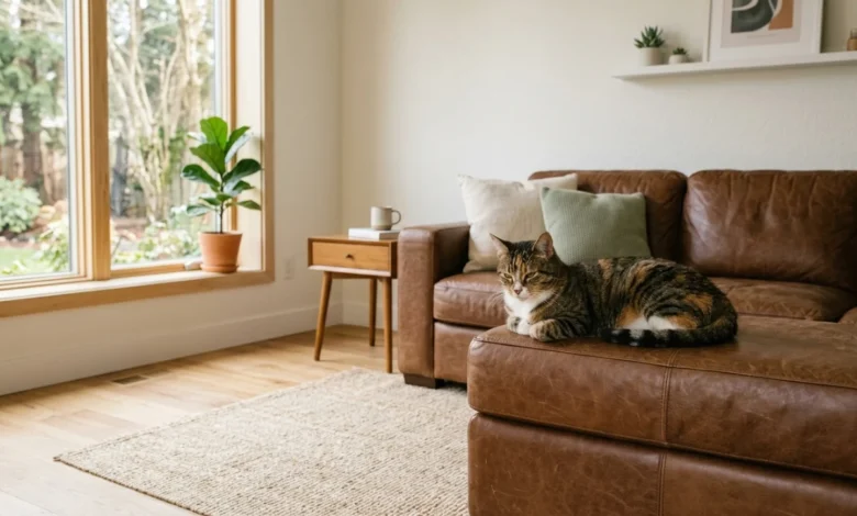 A calm cat sitting on a brown leather sofa in a bright modern living room