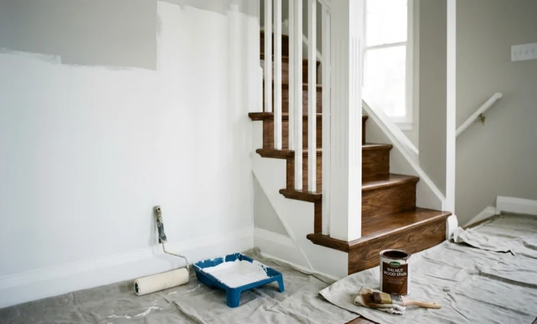 Should You Paint Walls Before Staining Stairs? - Cleaning | HomeImprovementGeek Paint walls before staining stairs — paint roller on white wall next to wood stained staircase