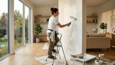 A professional painter applying white paint to an interior wall during a home painting service