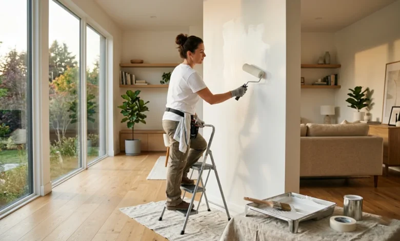A professional painter applying white paint to an interior wall during a home painting service