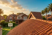Residential roofing contractor inspecting a tile roof on a West Palm Beach Florida home in a historic district. The image shows a roofer in safety gear examining clay barrel tiles on a Mediterranean-style house, with palm trees and blue sky in the background — representing HVHZ-compliant roofing and historic preservation standards in South Florida.