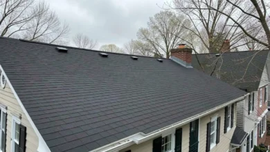 Roofing services in Baltimore showing a freshly replaced asphalt shingle roof on a residential row home
