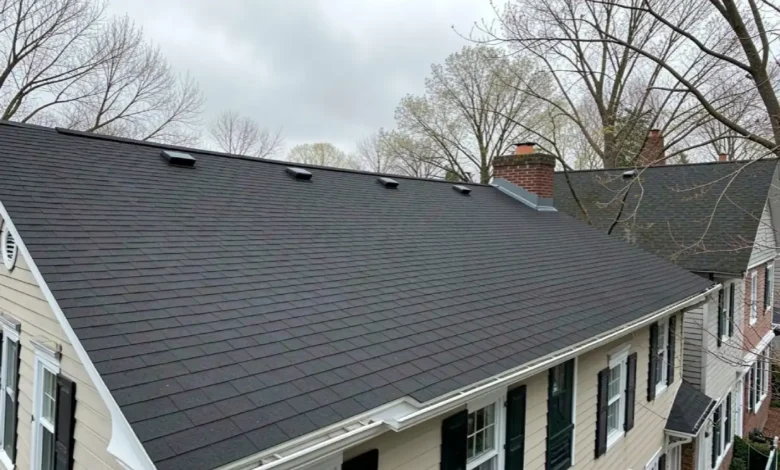Roofing services in Baltimore showing a freshly replaced asphalt shingle roof on a residential row home