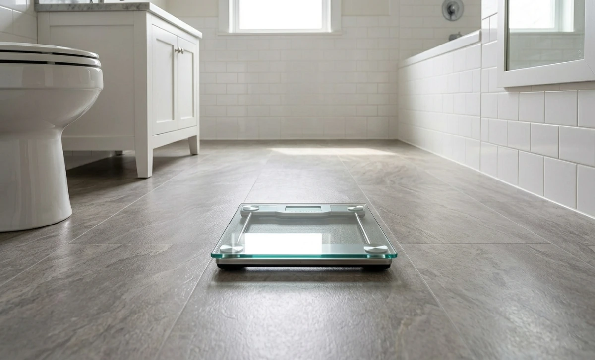 Stone-look sheet vinyl flooring installed in a clean white bathroom