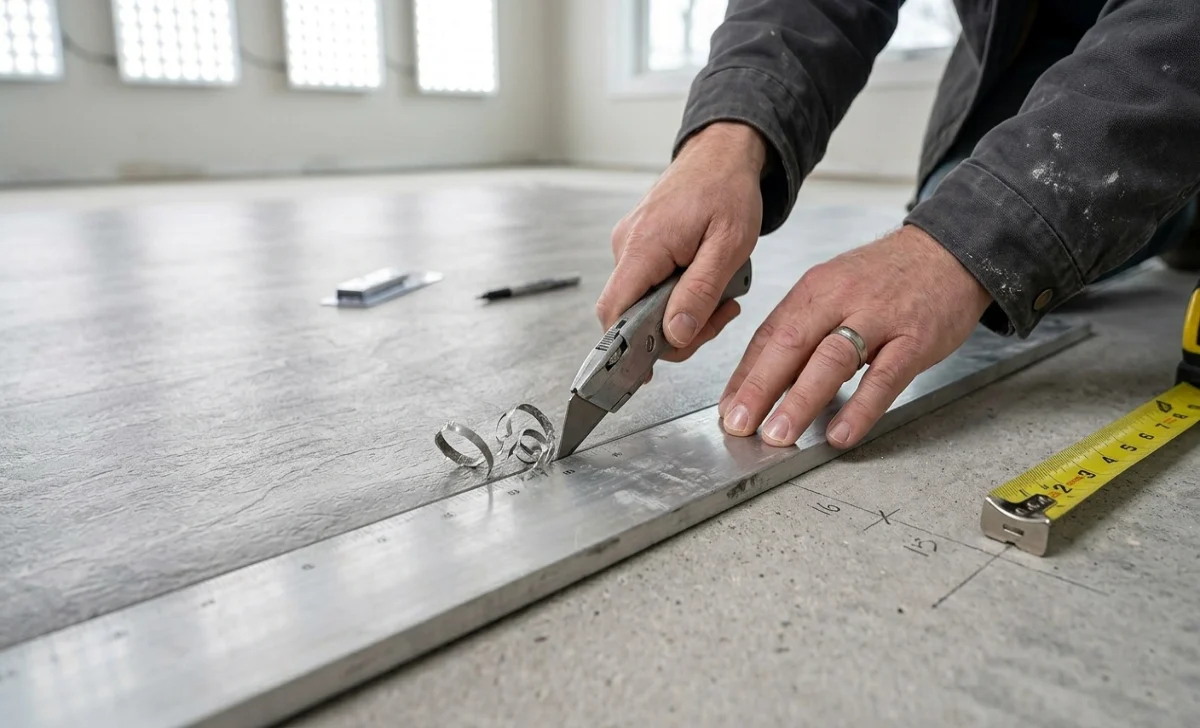 Person cutting sheet vinyl flooring with a utility knife during DIY installation