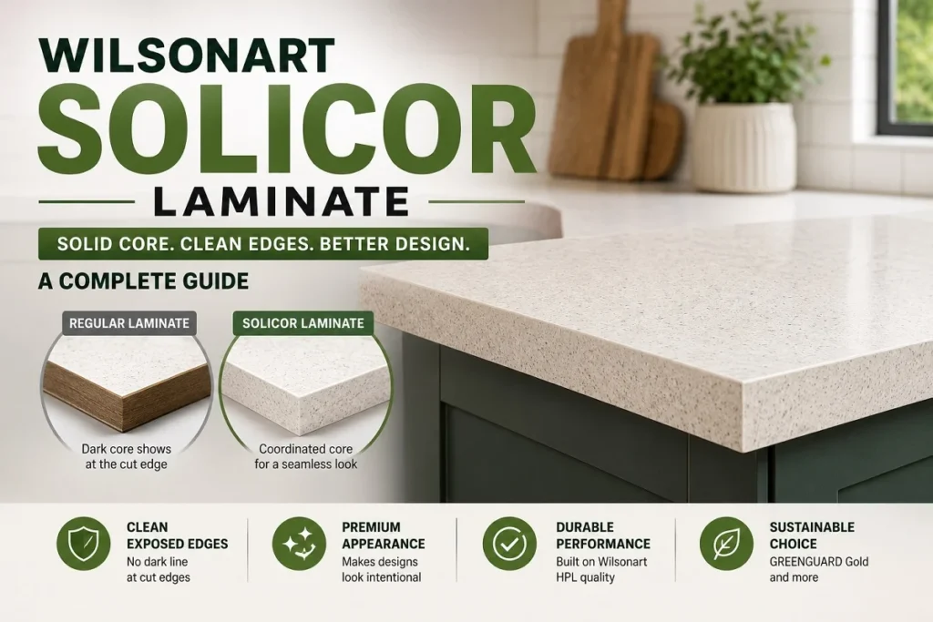 Wilsonart SOLICOR laminate countertop showing a coordinated solid-core edge compared with regular laminate