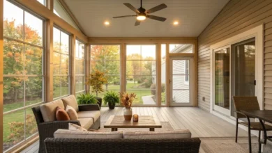 Bright and cozy 3 season room with screened windows, ceiling fan, and outdoor furniture in fall