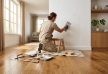 A craftsperson applying smooth wall finish during the acamento stage of an interior home project