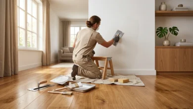 A craftsperson applying smooth wall finish during the acamento stage of an interior home project