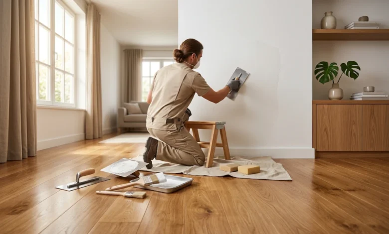 A craftsperson applying smooth wall finish during the acamento stage of an interior home project