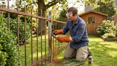 Person doing backyard metal repairs on a rusty fence using DIY tools