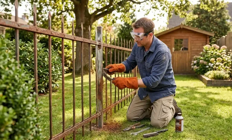 Person doing backyard metal repairs on a rusty fence using DIY tools