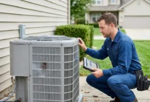 HVAC technician inspecting a residential climate system showing early warning signs of failure